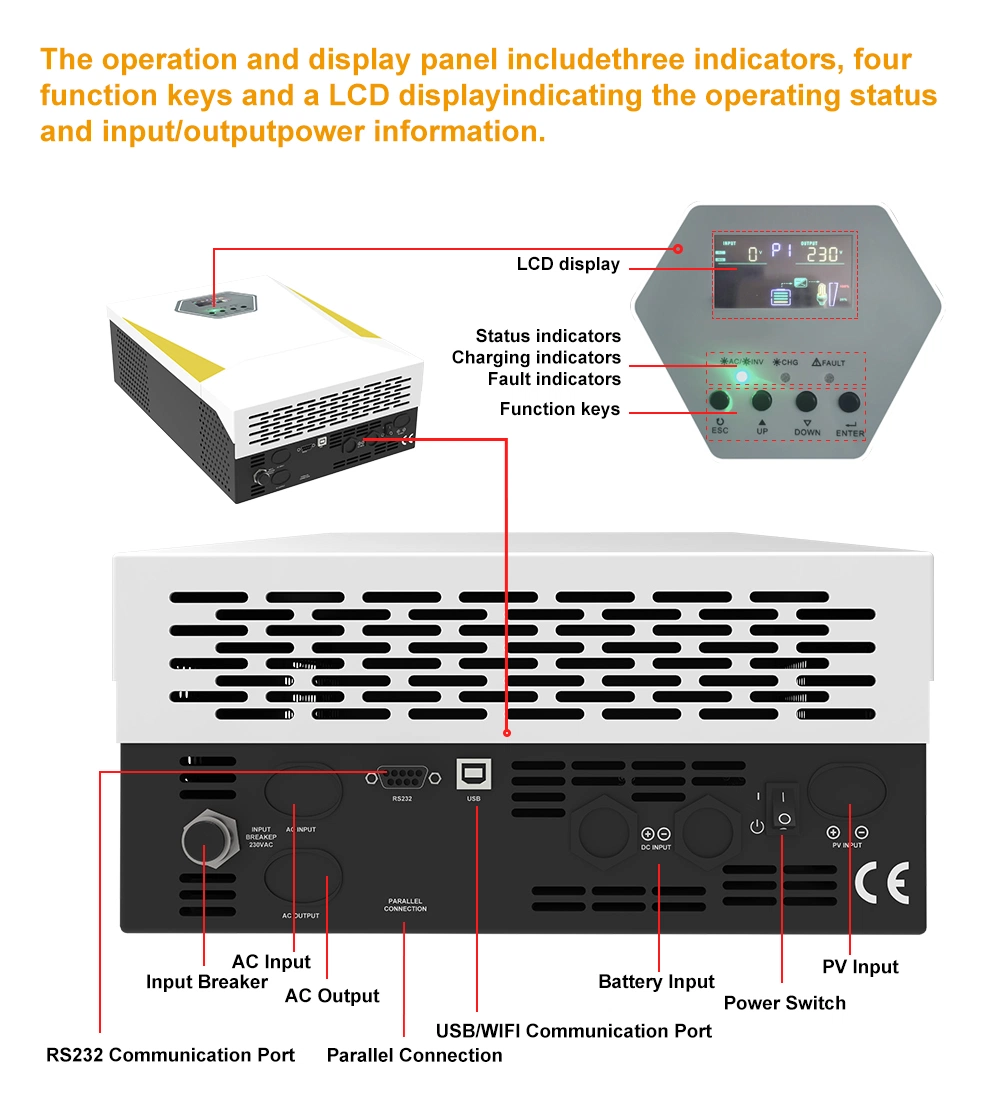 Solar Inverter WiFi Option Pure Sure Wave Inverter Built in MPPT Charge Controller 5kw Inverter for Solar System